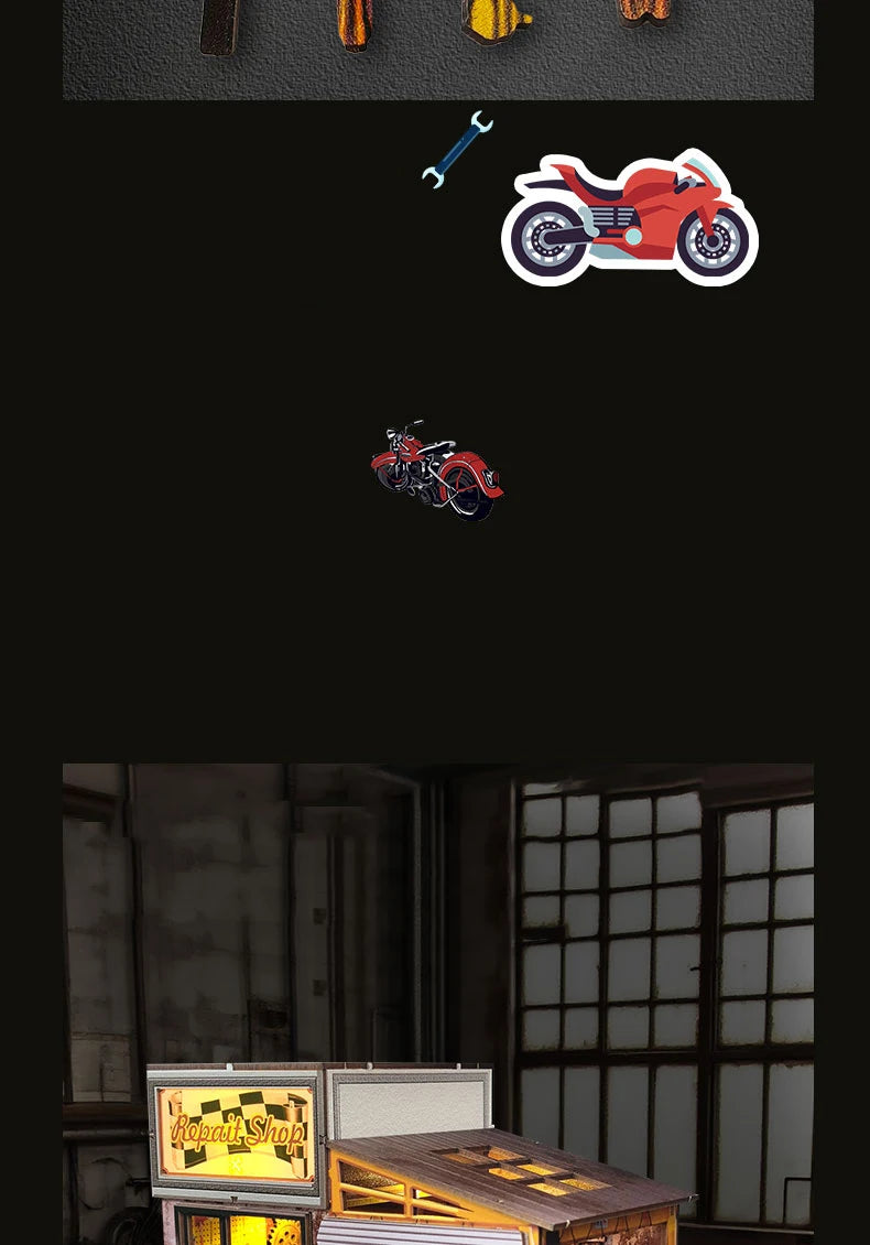 Motorcycle Repair Shop Wooden Miniature Model 3d wooden puzzle – view 17