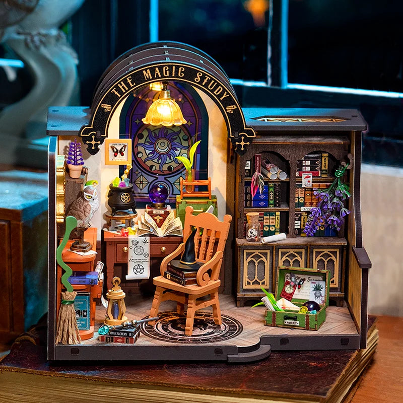 Robotime Rolife The Magic Study DIY Miniature House with Many Magic Note Books Dollhouse Decoration 3D Wooden Puzzle DG166