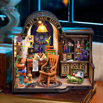 Robotime Rolife The Magic Study DIY Miniature House with Many Magic Note Books Dollhouse Decoration 3D Wooden Puzzle DG166