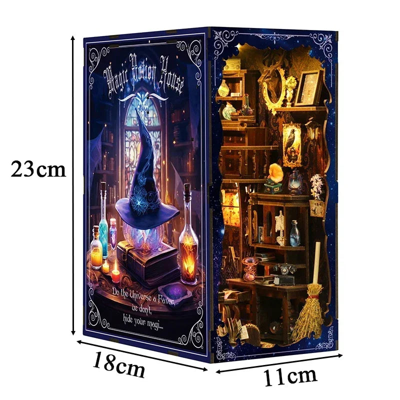 Wooden Shelf Insert Magic Potion House Miniature Model book nook kit – packaging and contents