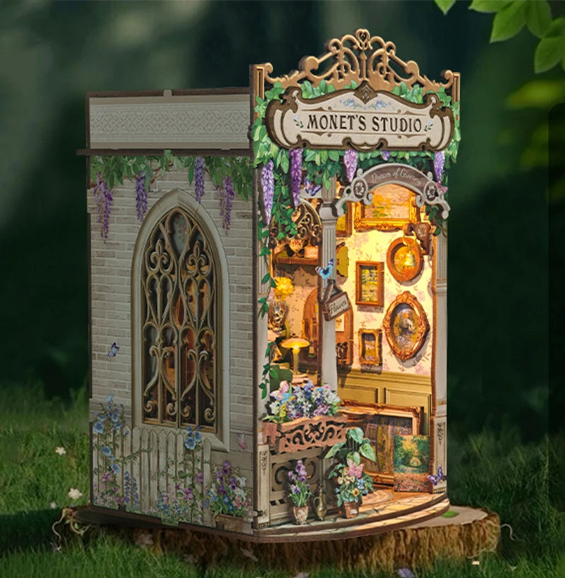 Wooden Monet's Studio Shelf Insert Kits Miniature Model book nook kit – side angle