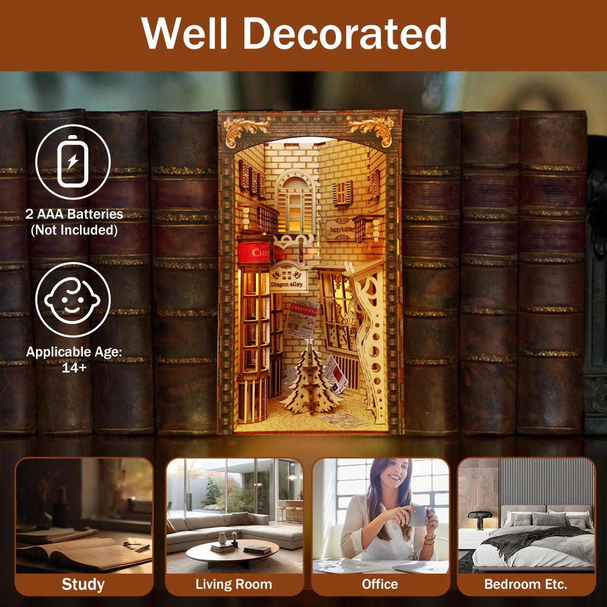 DIY Book Nook Kit with Light and Dust Cover – Wooden Miniature Puzzle