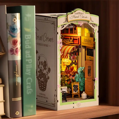 Robotime Rolife Floral Corner Book Nook 3D Wooden Toys for Wife Girls Home Book Shelf Decoration DIY Model Gifts for Family