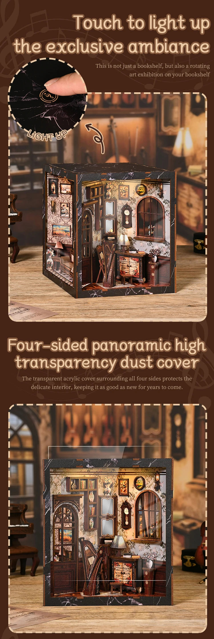 Wooden European Melody Box Shelf Insert Kits Book book nook kit – close-up details