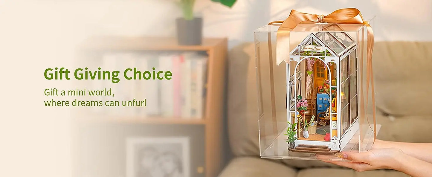 Robotime Rolife Gardenhouse Book Nook DIY Dollhouse Bookend Model Kit with LED Light Wooden Puzzle for Bookshelf Decor - TGB06