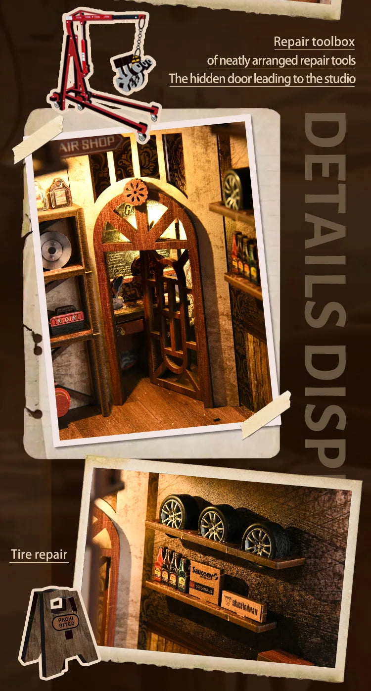 Wooden Shelf Insert Repair Shop book nook kit – finished result