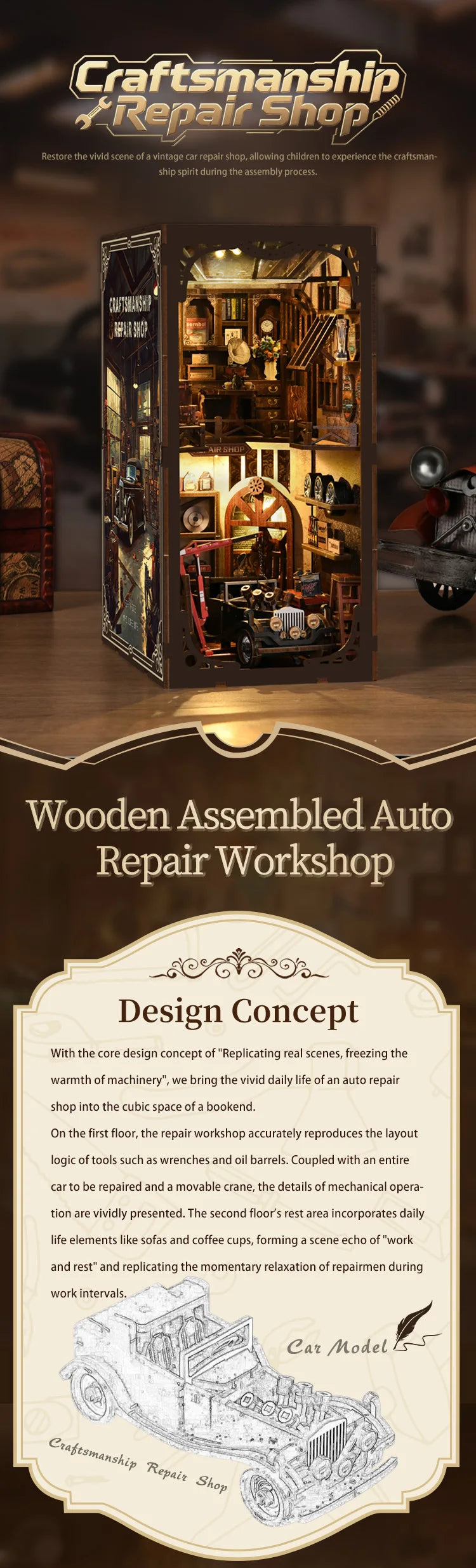 Wooden Shelf Insert Repair Shop book nook kit – detailed view