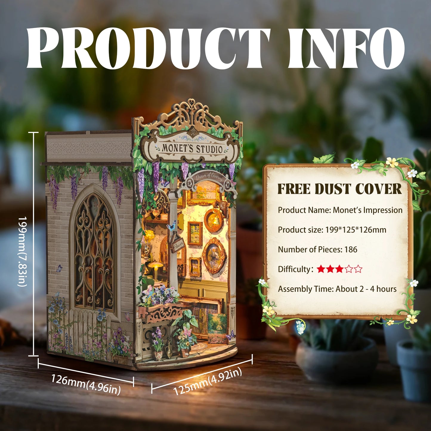 Wooden Monet's Studio Shelf Insert Kits Miniature Model book nook kit – packaging and contents