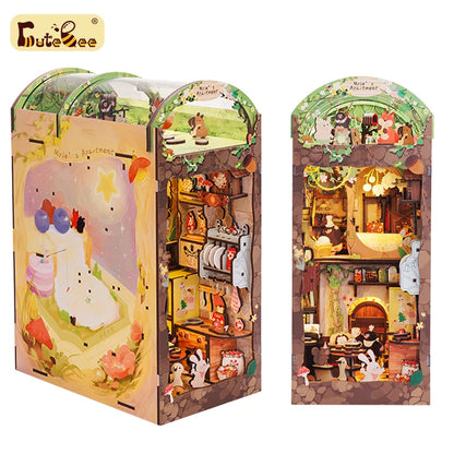 Cutebee Book Nook Kit 3D Wooden Puzzle Bookshelf Roombox Toy Mole's Apartment Miniature with Dustproof Cover LED Light Booknook