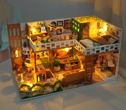 Wooden Bohemian Loft Miniature LED 3d wooden puzzle – packaging and contents