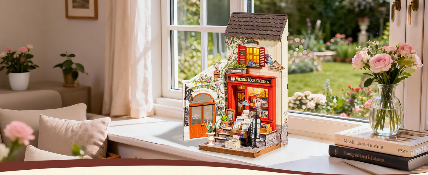 Vienna Bookstore Foldable 2 Story European miniature house kit – side angle