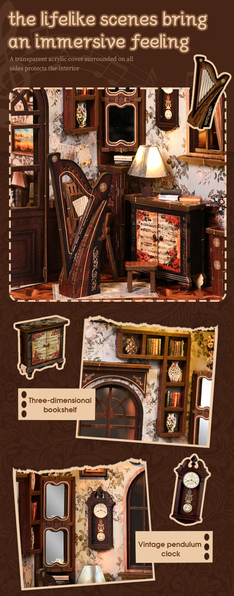 Wooden European Melody Box Shelf Insert Kits Book book nook kit – packaging and contents