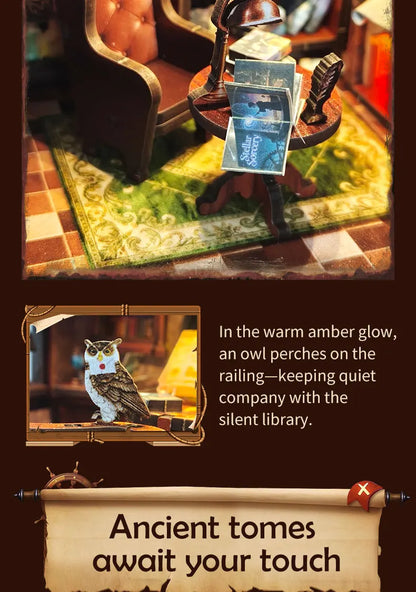 Wooden Miniature Model Owl Library Magic 3d wooden puzzle – with LED lights on
