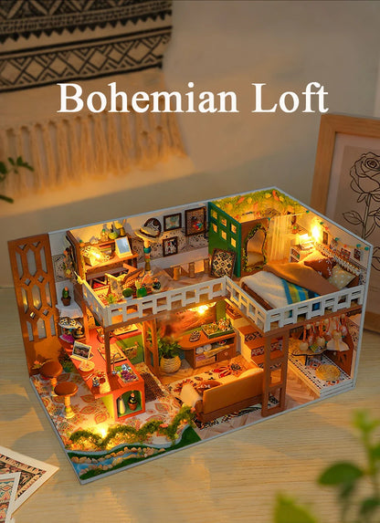 Wooden Bohemian Loft Miniature LED 3d wooden puzzle – detailed view