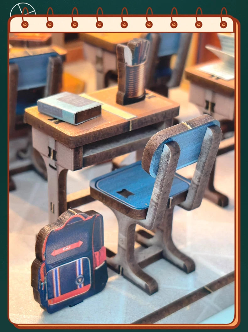 Wooden the Classroom Miniature Student Days 3d wooden puzzle – with LED lights on